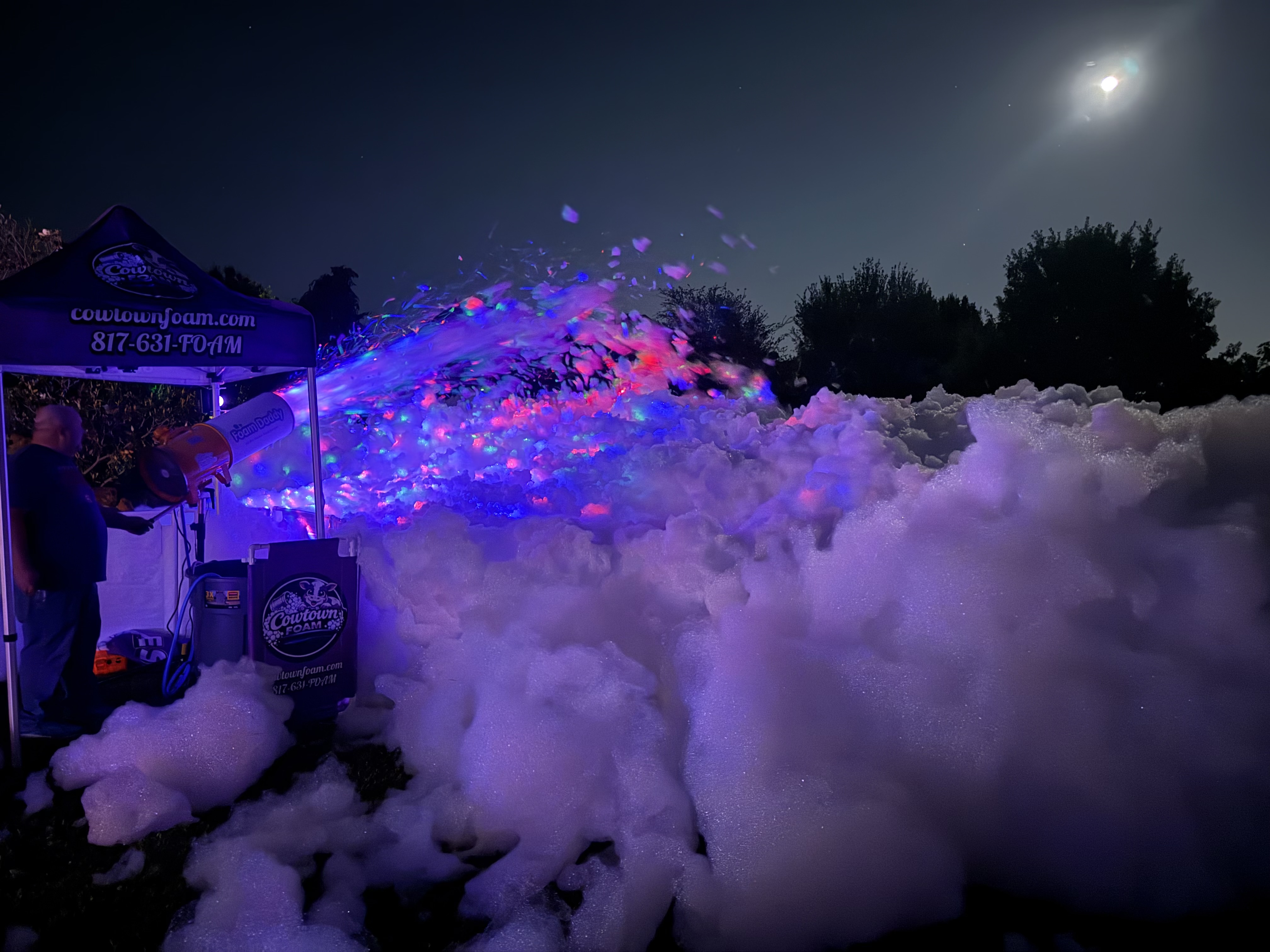Cowtown Foam cannon shooting LED-lit foam at a real customer event